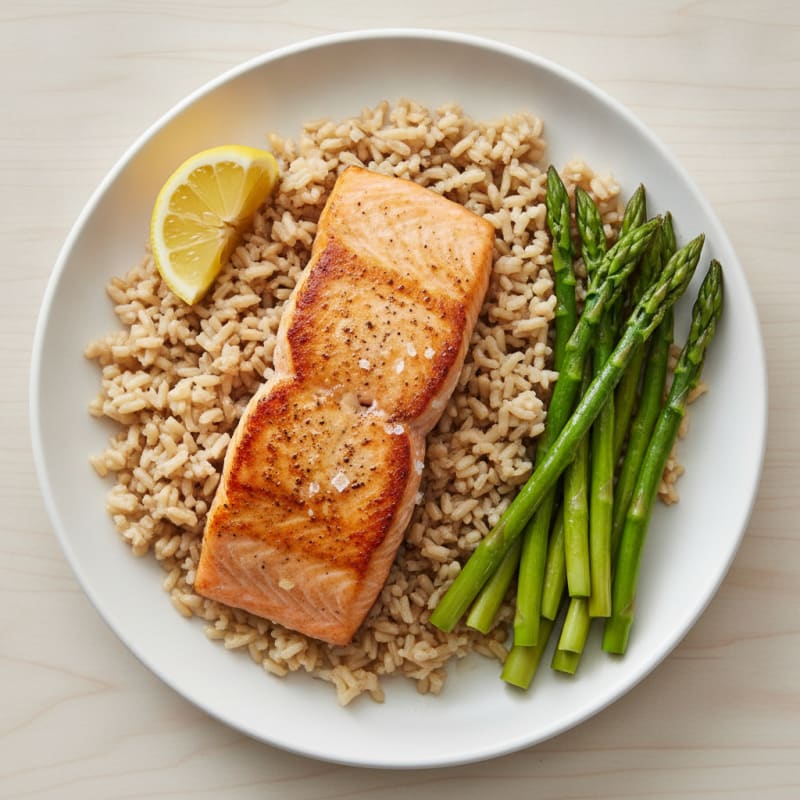 Seared Salmon with Brown Rice and Steamed Asparagus