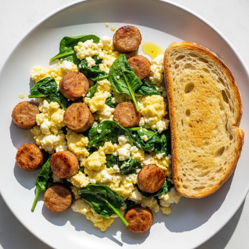 Crispy Turkey Sausage and Spinach Scramble with Cottage Cheese