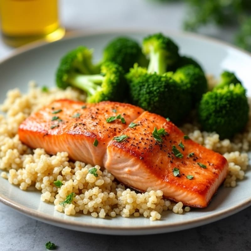 Seared Salmon with Steamed Broccoli and Quinoa