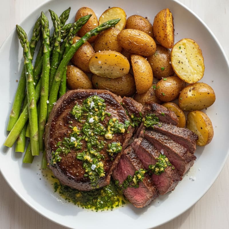 Herby Pan-Seared Sirloin with Roasted Fingerlings and Asparagus