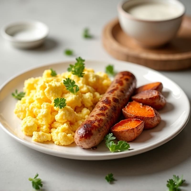 Egg White Scramble with Turkey Sausage and Roasted Sweet Potatoes