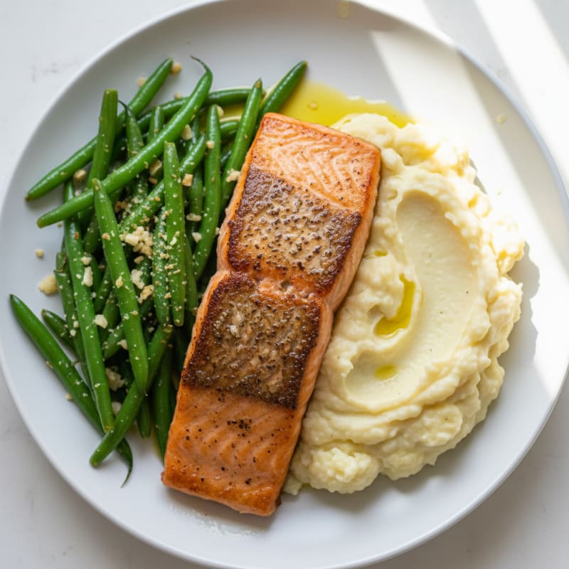 Seared Salmon Fillet with Garlic Green Beans and Mashed Cauliflower