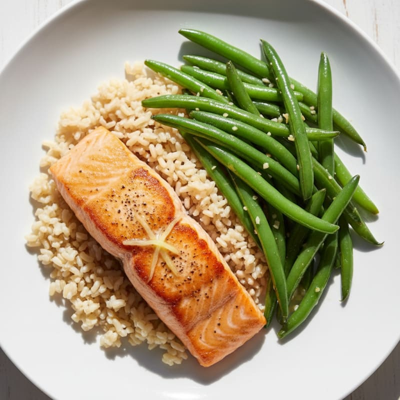 Seared Salmon with Garlic Green Beans and Brown Rice