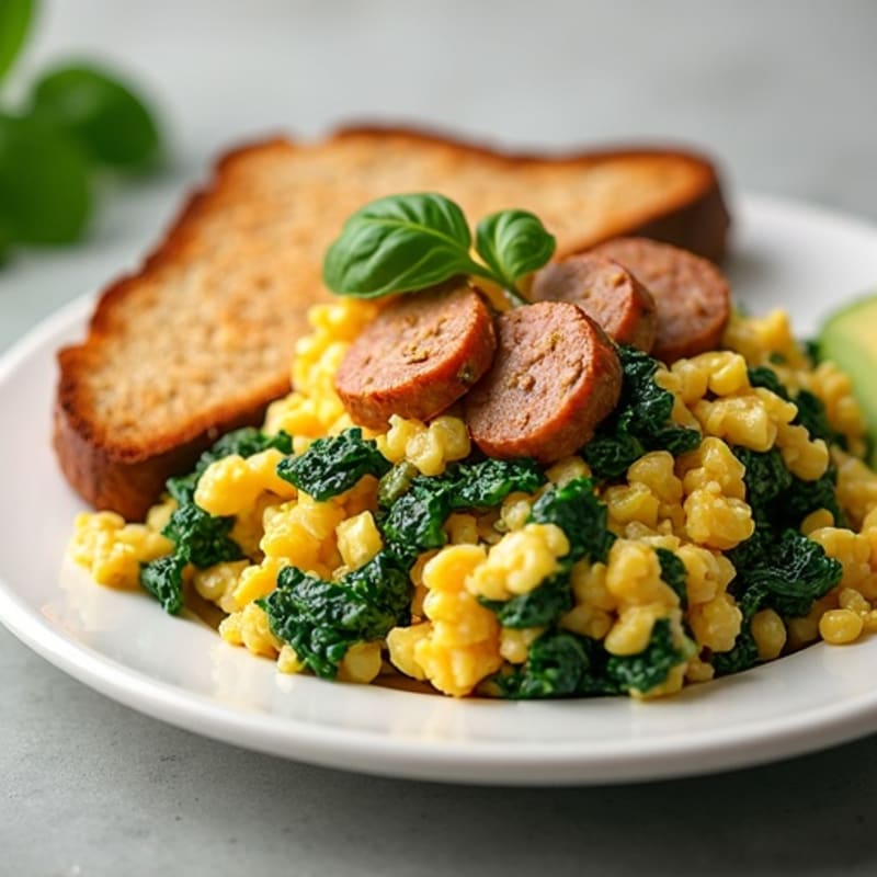 Egg White Scramble with Turkey Sausage and Sautéed Spinach