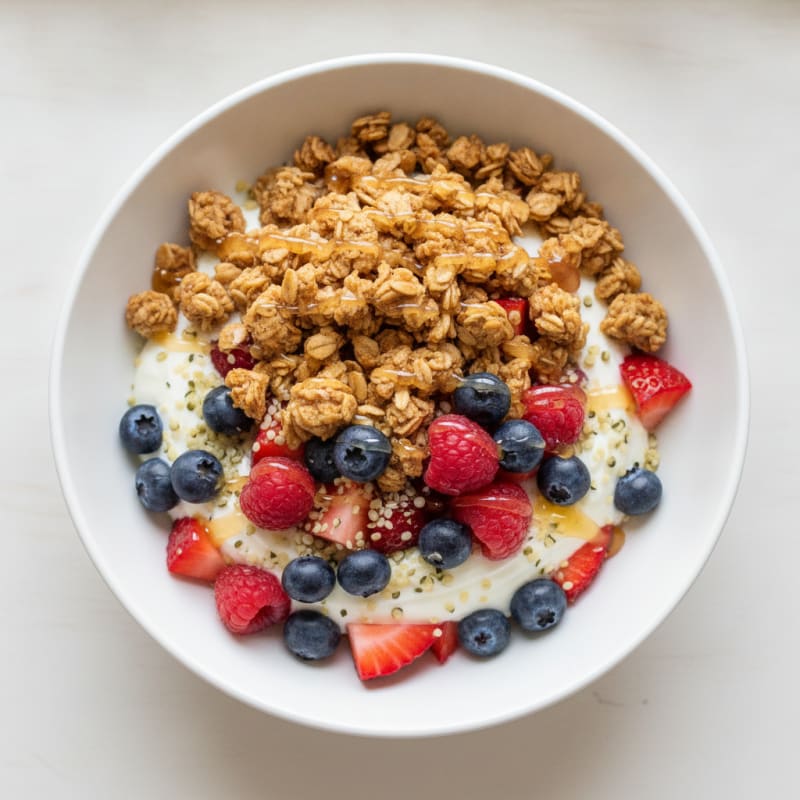 Greek Yogurt Parfait with Crunchy Almond Granola and Mixed Berries