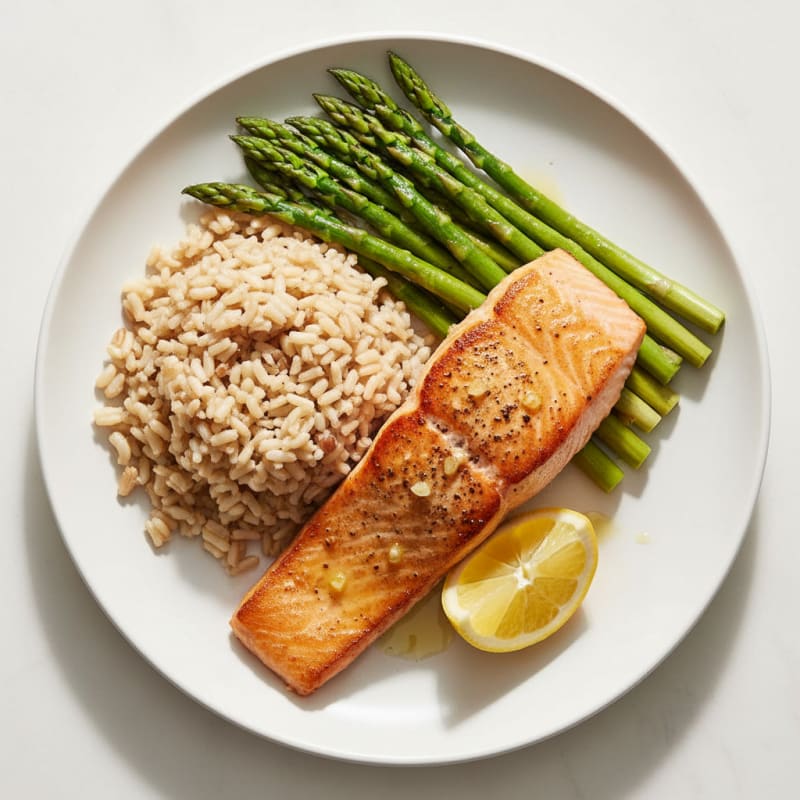 Seared Salmon Fillet with Steamed Asparagus and Brown Rice