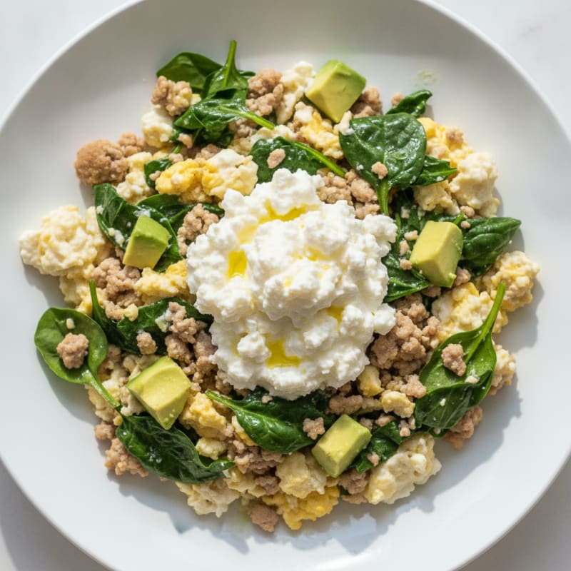 Egg White and Turkey Spinach Scramble with Cottage Cheese