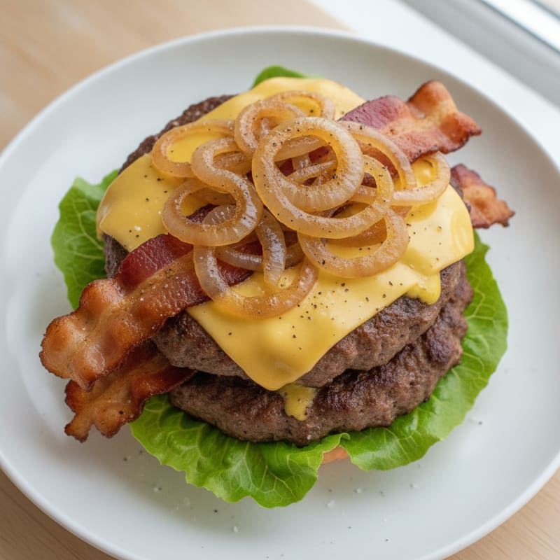 Double Bacon Cheeseburger with Caramelized Onions