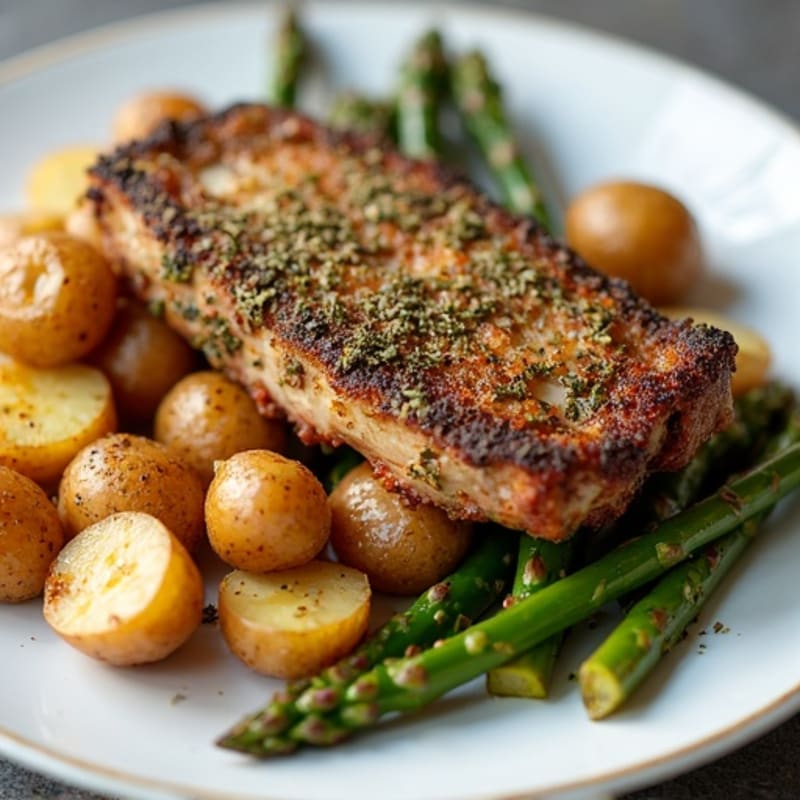 Herb-Crusted Oven-Roasted Pork Ribs with Garlic Potatoes and Crispy Asparagus
