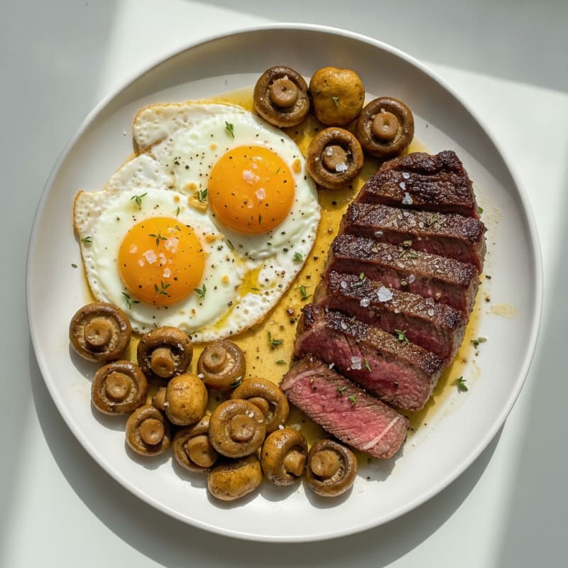 Steak and Eggs with Roasted Mushrooms
