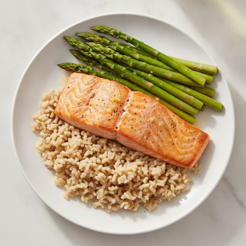 Seared Salmon Fillet with Steamed Asparagus and Brown Rice