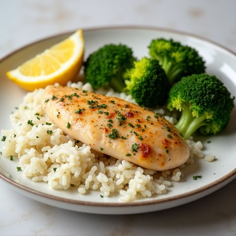 Lemon-Herb Roasted Chicken with Fluffy White Rice and Crispy Roasted Broccoli