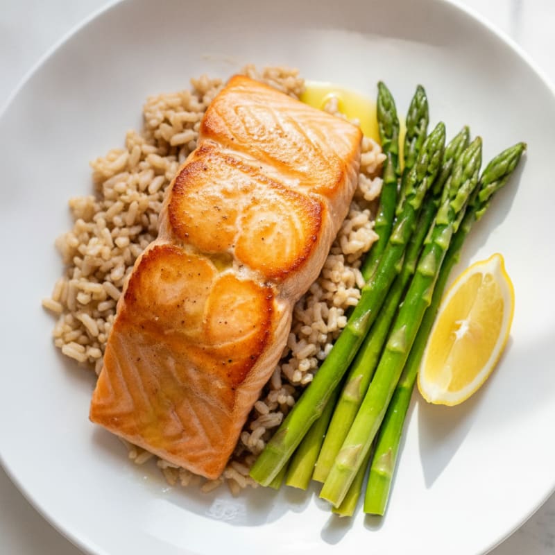 Seared Salmon with Steamed Asparagus and Brown Rice