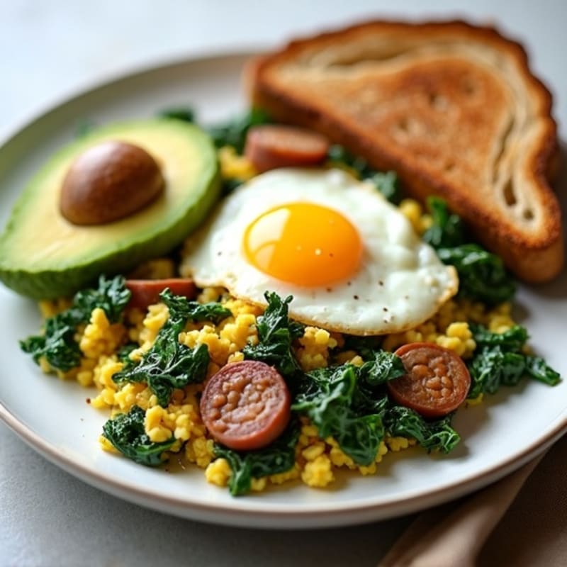 Egg White and Turkey Sausage Scramble with Sautéed Spinach