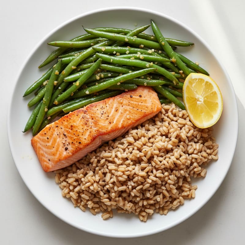 Seared Salmon with Garlic Green Beans and Brown Rice