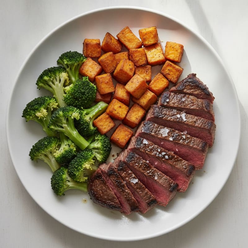 Seared Steak with Roasted Sweet Potatoes and Steamed Broccoli