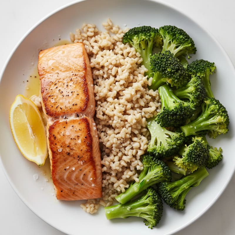 Seared Salmon with Steamed Broccoli and Brown Rice