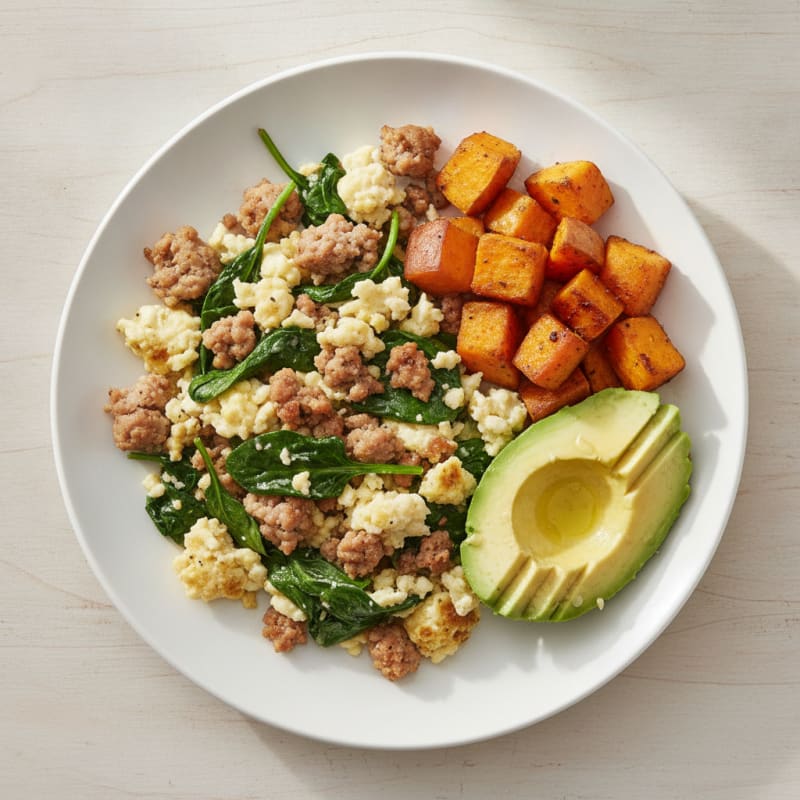 Egg White Scramble with Turkey Sausage and Spinach