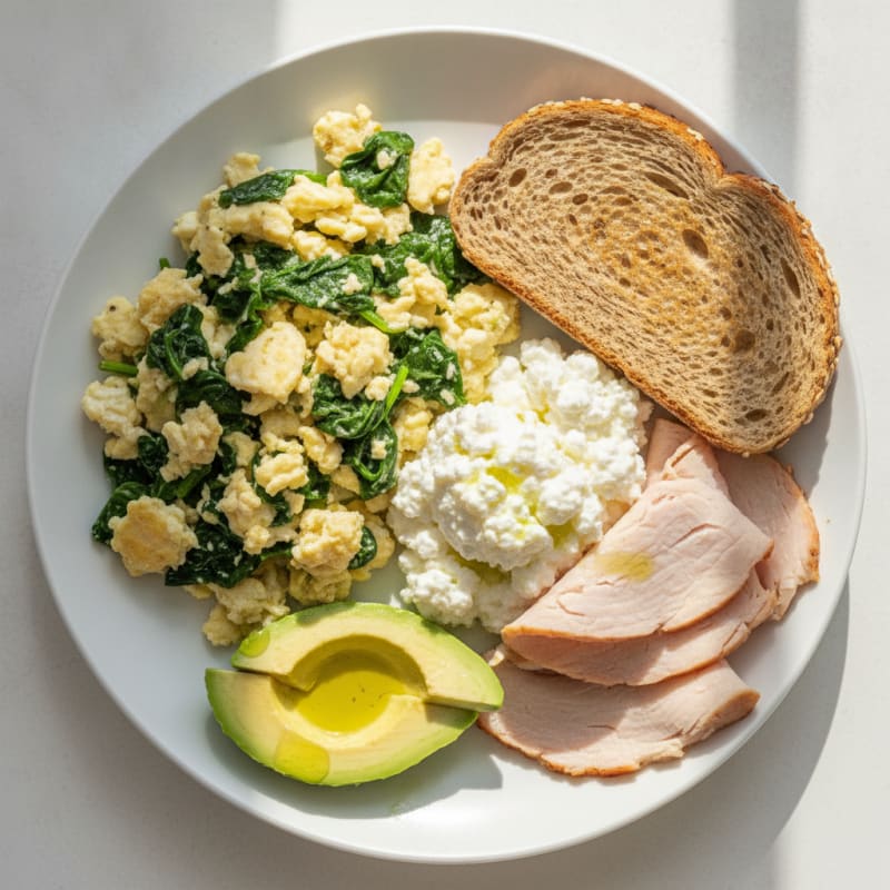 Egg White and Spinach Scramble with Cottage Cheese and Sliced Turkey