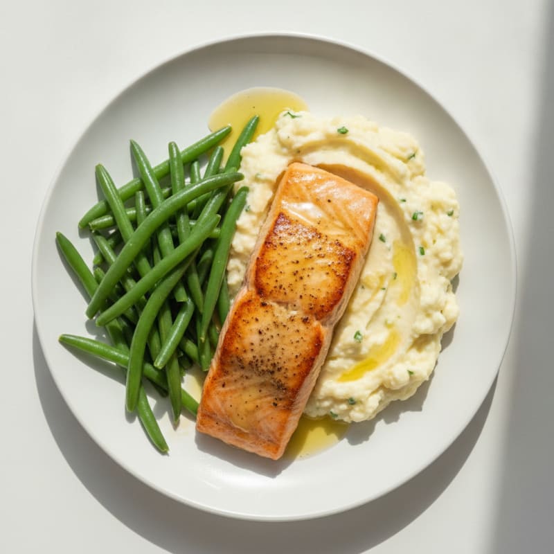 Seared Salmon with Steamed Green Beans and Garlic Mashed Cauliflower