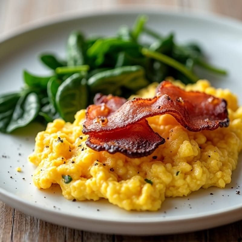 Crispy Canadian Bacon and Fluffy Egg Scramble with Sautéed Spinach