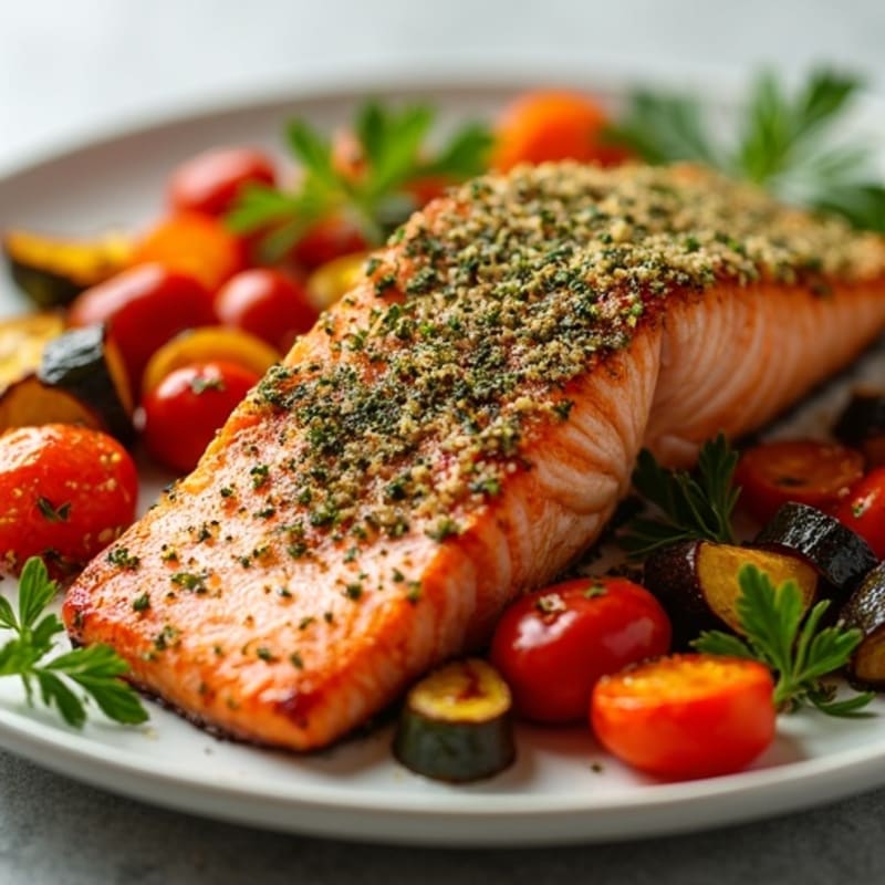 Crispy Sheet Pan Herb-Crusted Salmon with Roasted Rainbow Vegetables
