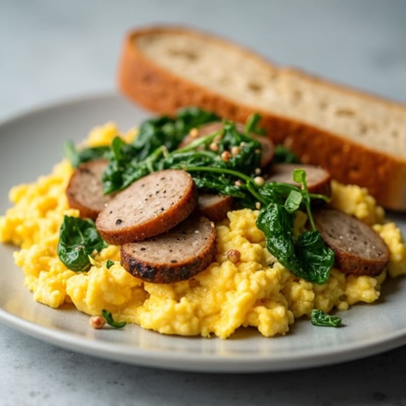 Egg White Scramble with Turkey Sausage and Sautéed Spinach
