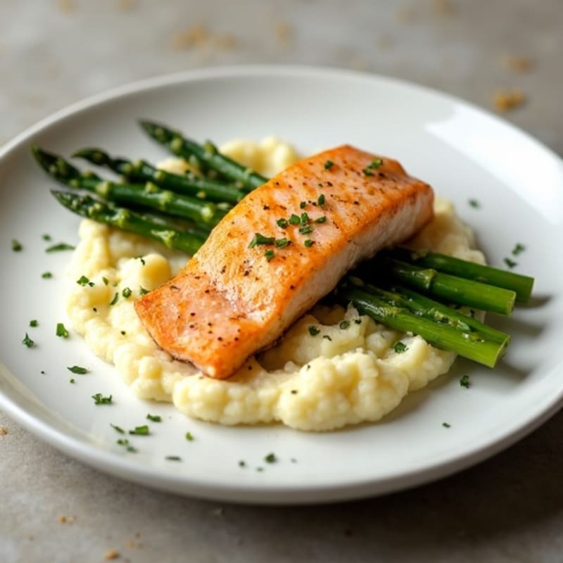 Seared Salmon with Lemon-Garlic Asparagus and Cauliflower Mash