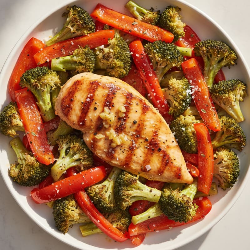 Pan-Seared Lemon-Garlic Chicken with Roasted Broccoli and Peppers