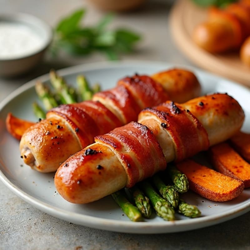 Crispy Bacon-Wrapped Chicken Sausage with Roasted Asparagus and Sweet Potato Fries