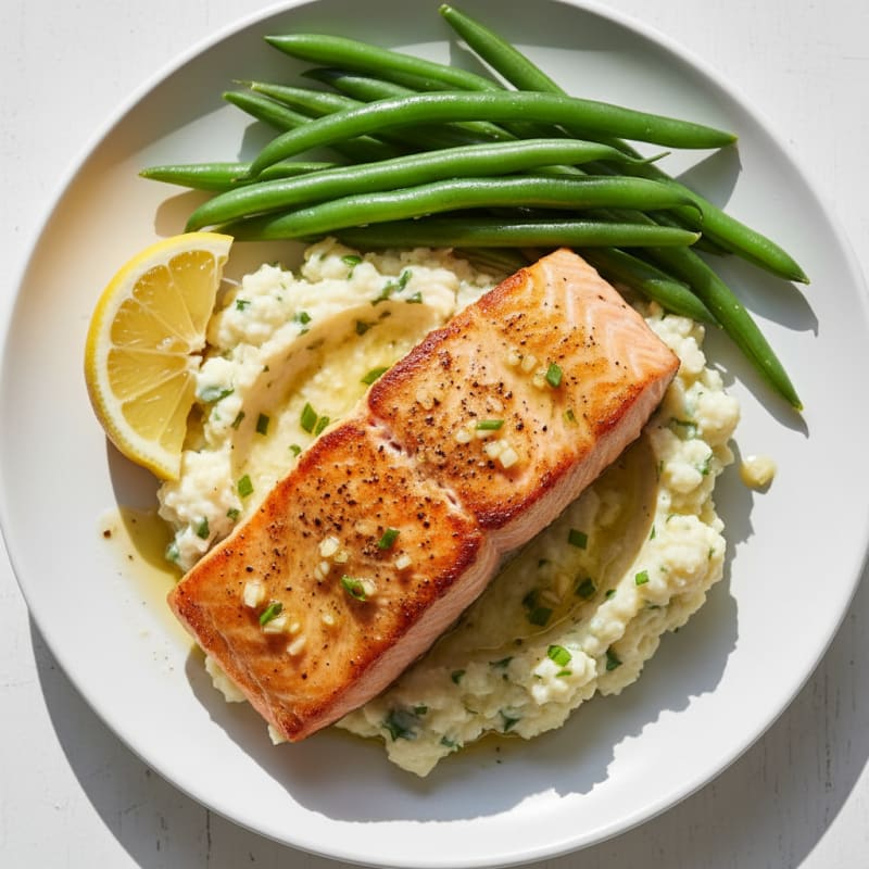 Seared Salmon Fillet with Steamed Green Beans and Garlic Mashed Cauliflower