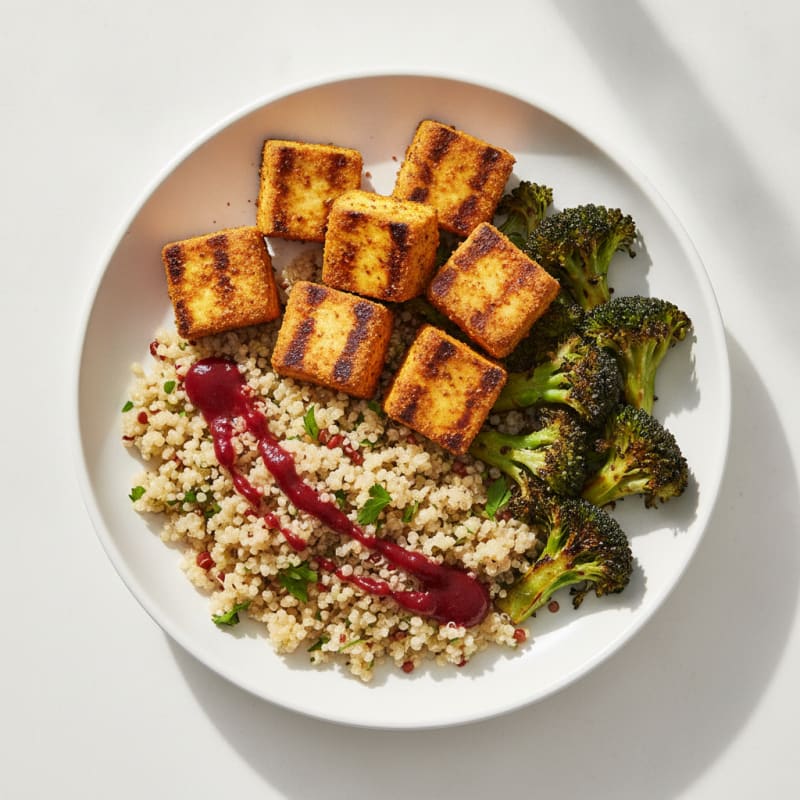 Grilled Tandoori Tofu with Spiced Quinoa and Broccoli