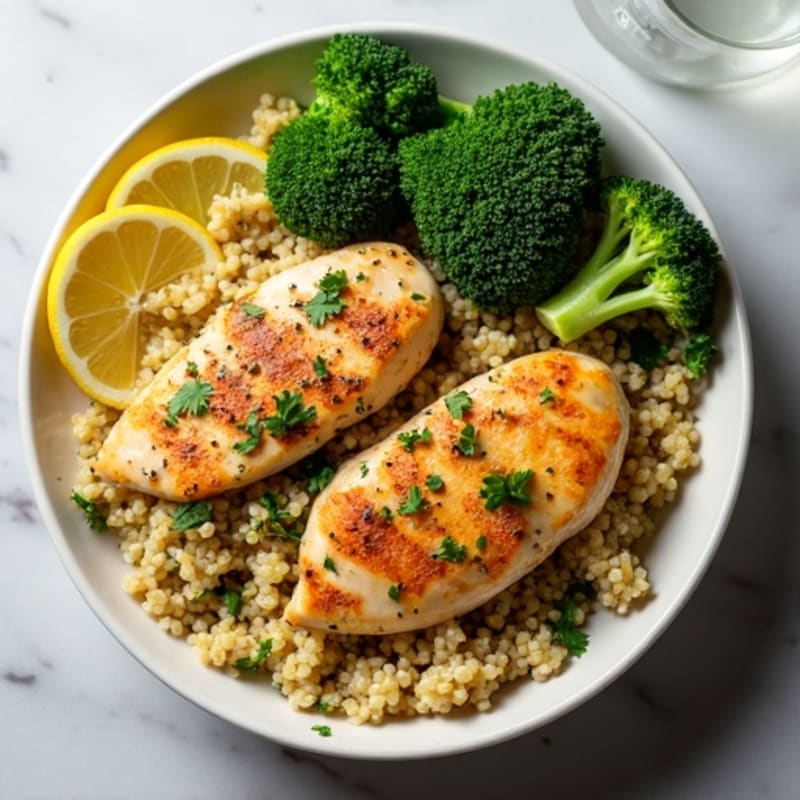Lemon Herb Roasted Chicken and Quinoa Bowl with Crispy Roasted Broccoli