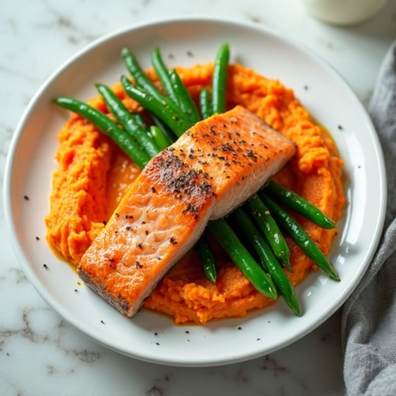 Seared Salmon with Garlic Green Beans and Sweet Potato Mash