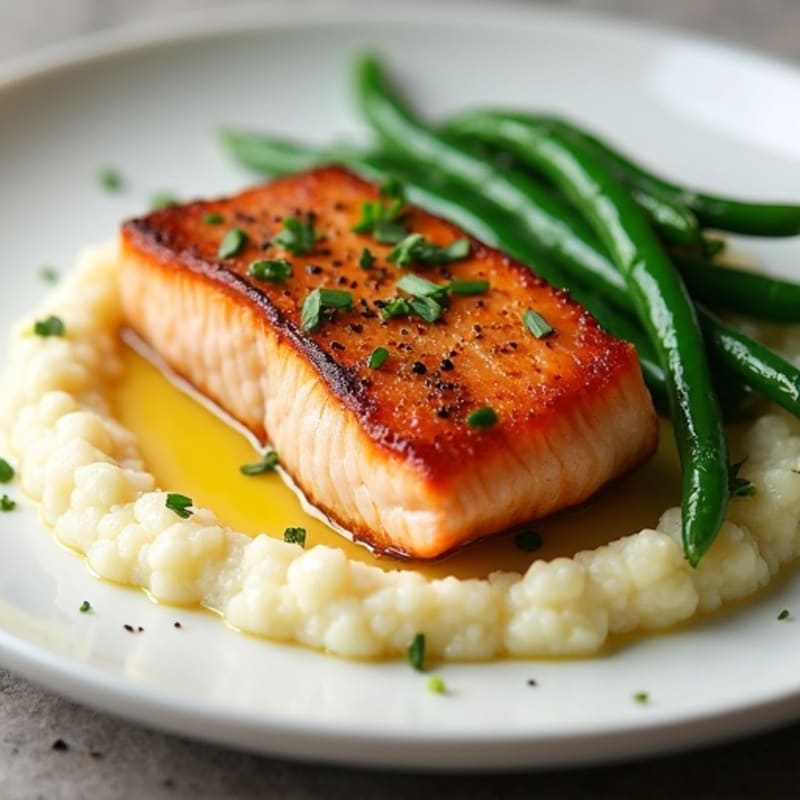 Seared Salmon with Garlic Green Beans and Cauliflower Mash