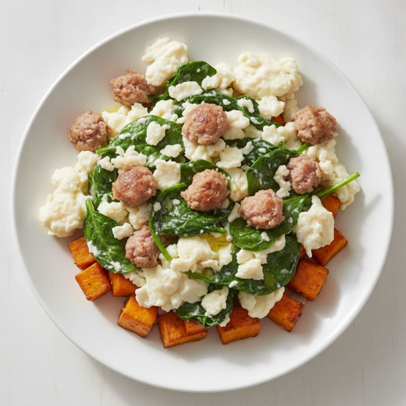 Egg White and Turkey Sausage Scramble with Spinach and Roasted Sweet Potato