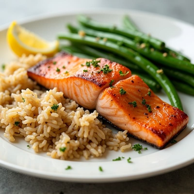 Seared Salmon with Garlic Green Beans and Brown Rice