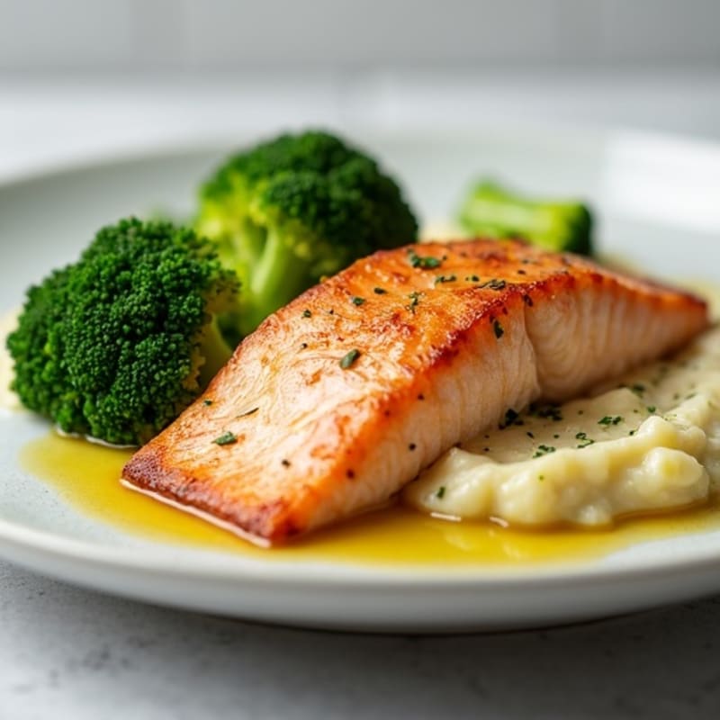 Seared Salmon with Steamed Broccoli and Garlic Mashed Potatoes