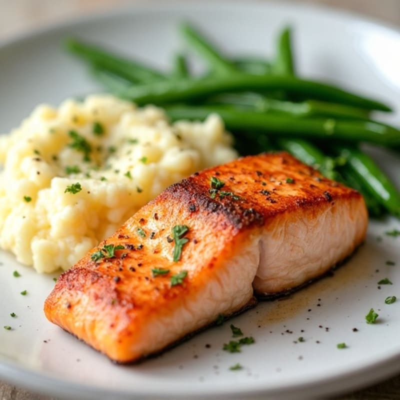 Seared Salmon Fillet with Steamed Green Beans and Cauliflower Mash