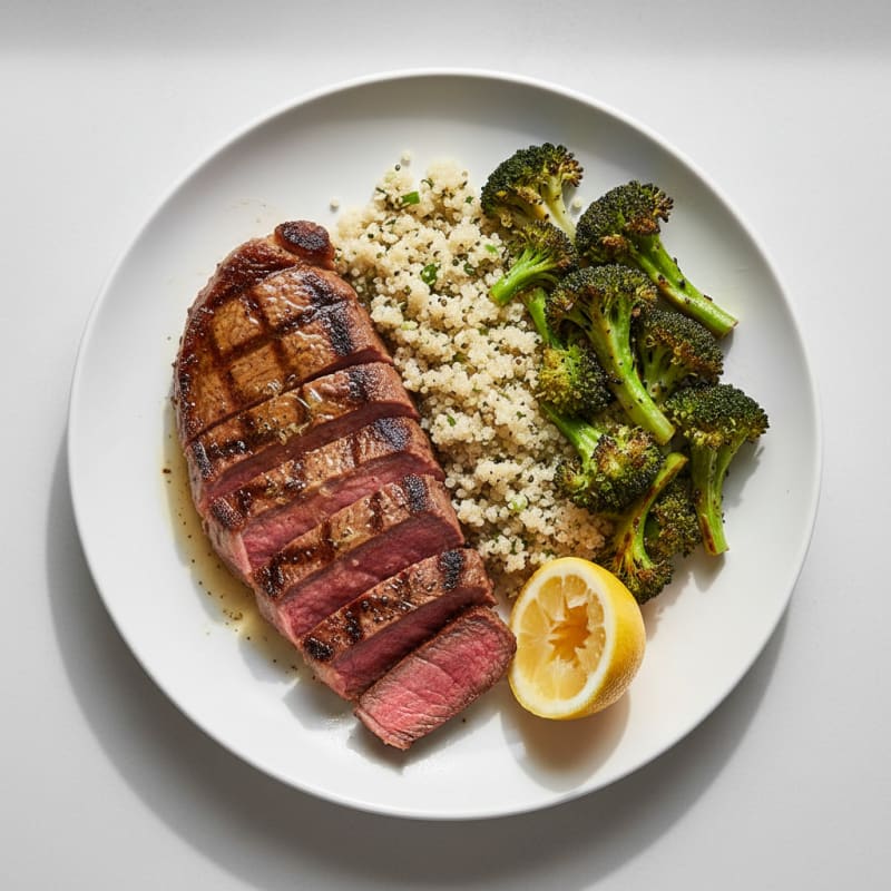 Grilled Beef Steak with Quinoa and Roasted Broccoli