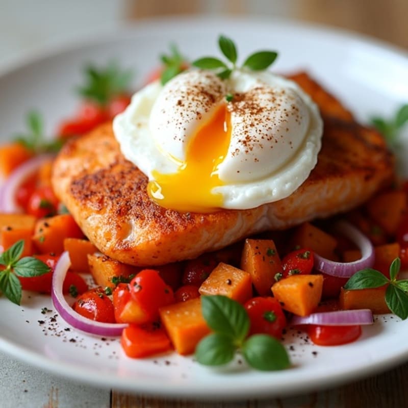 Crispy Salmon and Sweet Potato Hash with Poached Eggs