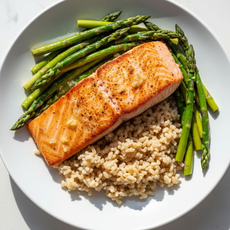 Pan-Seared Salmon with Steamed Asparagus and Brown Rice