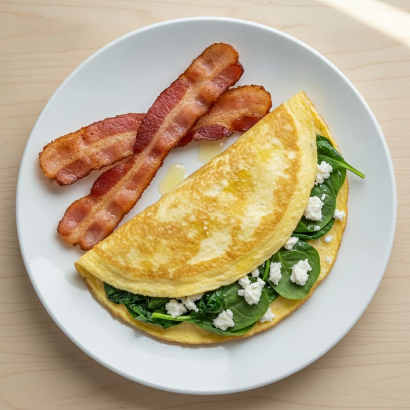 Egg White Spinach Omelet with Grilled Turkey Bacon