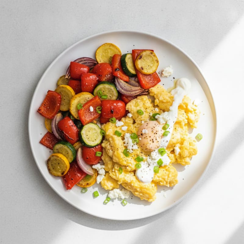 Hearty Scrambled Eggs with Roasted Vegetables