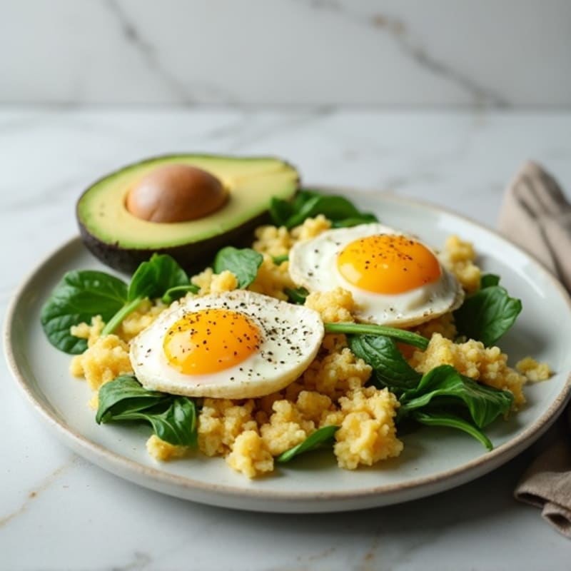 Egg White and Spinach Scramble with Cottage Cheese and Sliced Turkey