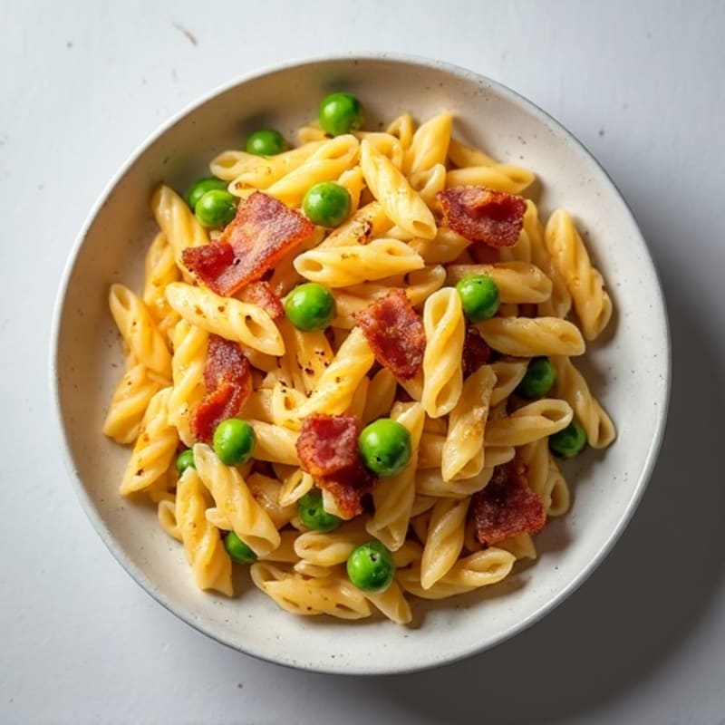 Creamy Egg Yolk Whole Wheat Pasta with Crispy Turkey Bacon and Fresh Peas