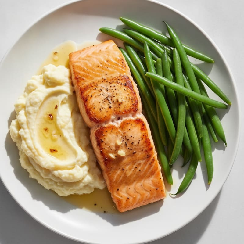 Seared Salmon with Steamed Green Beans and Mashed Cauliflower