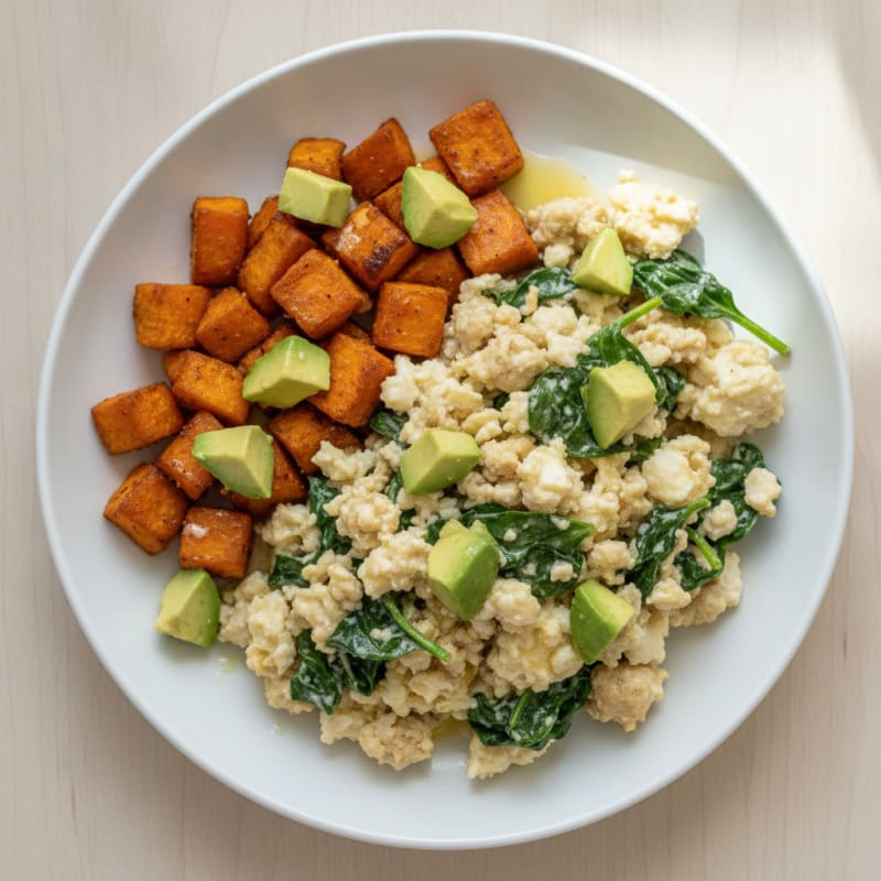 Egg White Scramble with Turkey Sausage and Sautéed Spinach