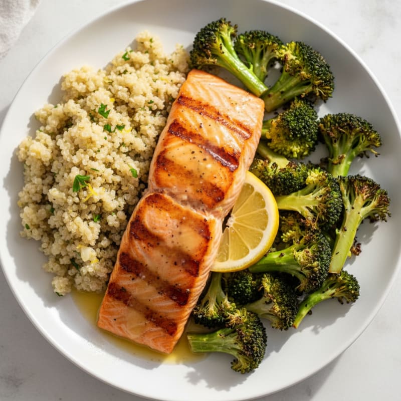 Grilled Salmon with Roasted Broccoli and Lemon Quinoa