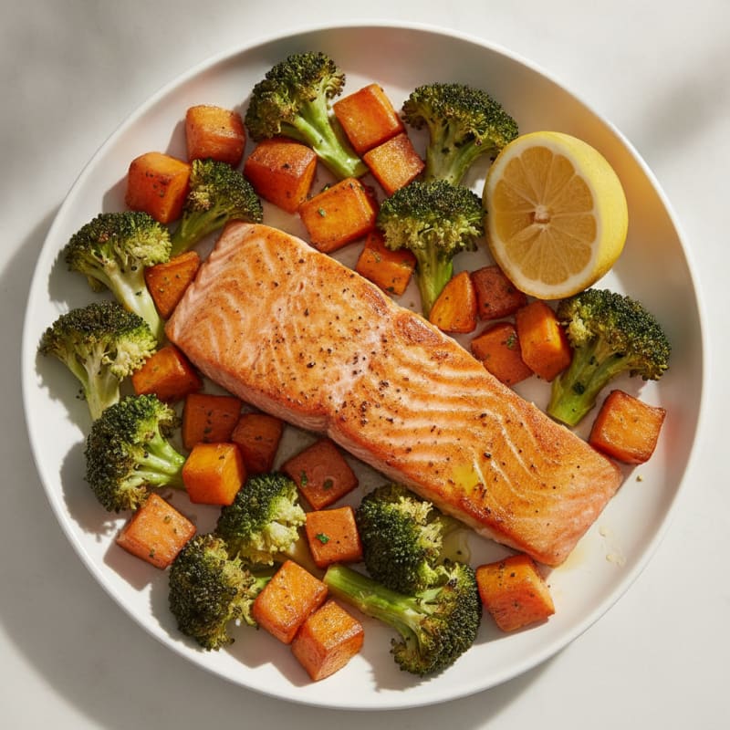 Seared Salmon with Roasted Broccoli and Sweet Potato